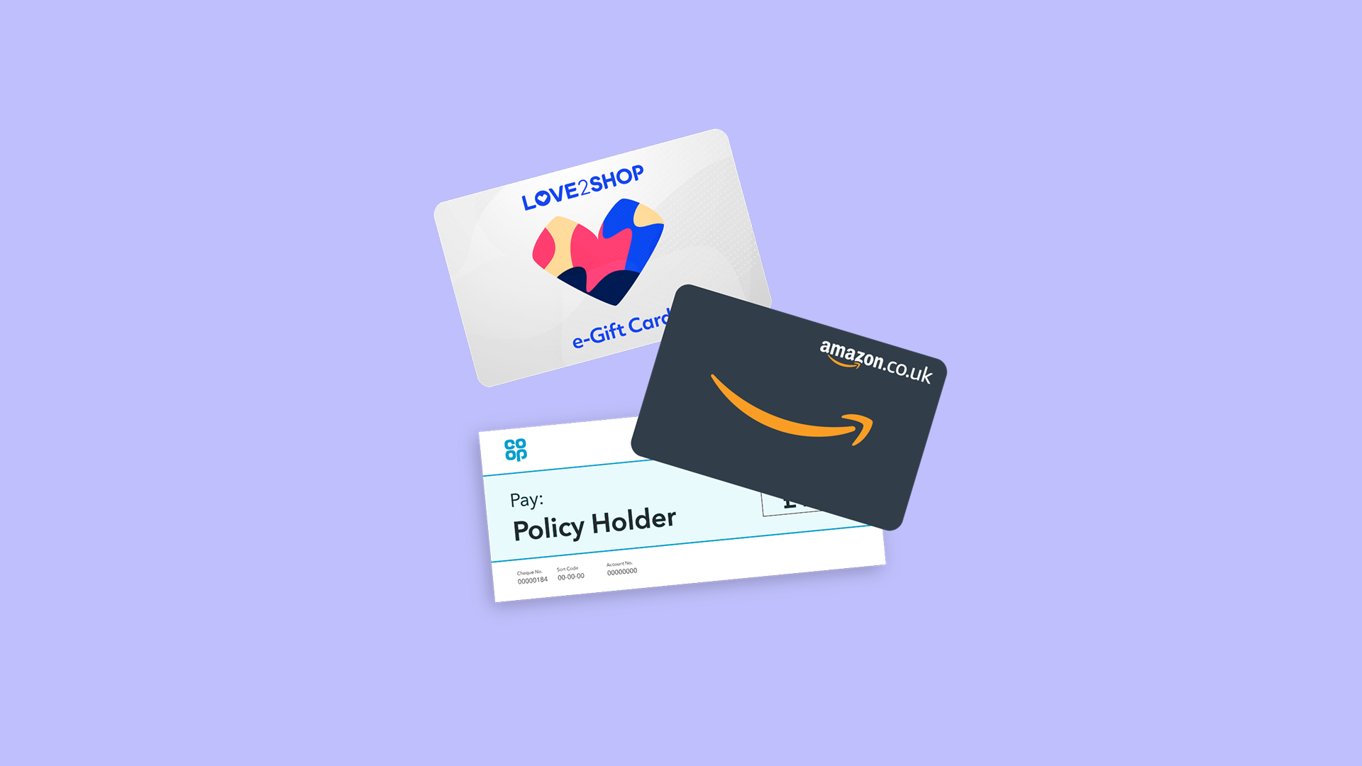 Love2Shop gift card, Amazon gift card and cheque. 
