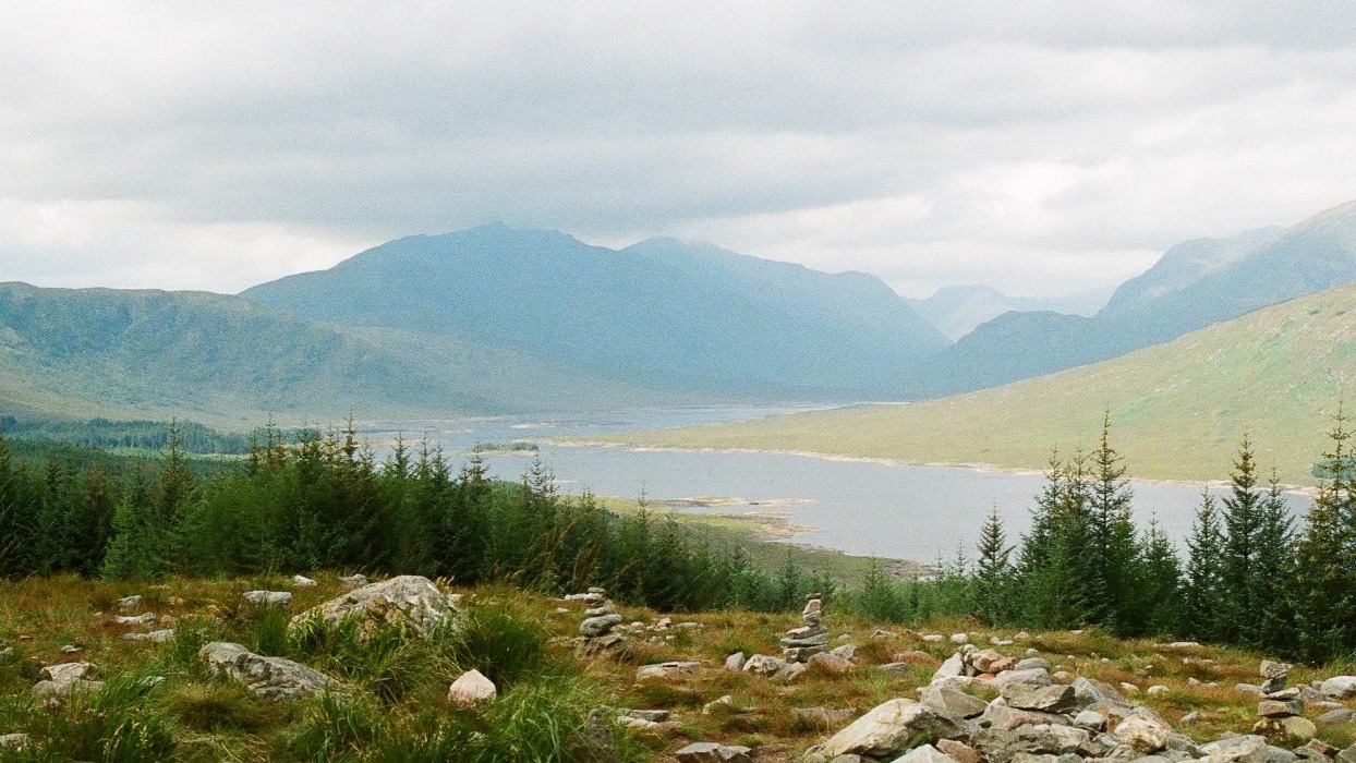 Landscape with a river, trees and mountains