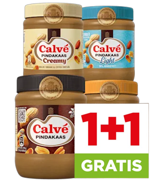 Calvé pindakaas, 1+1 gratis.