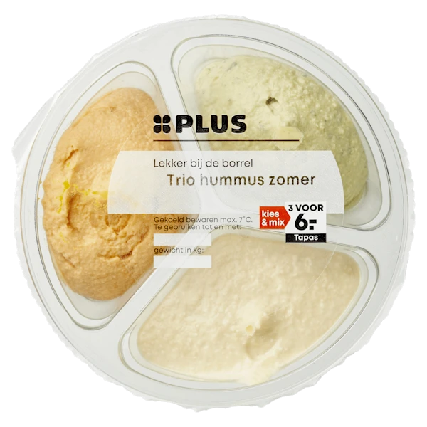 PLUS Hummus trio (pesto, citroen, wortel)
