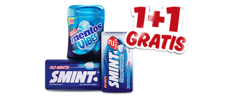 Alle mentos en smint 1+1 gratis, geldig van 1 t/m 7 juli