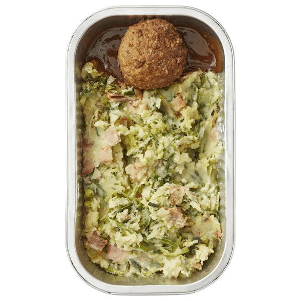 Uit de keuken van PLUS Preistamppot gehaktbal spekjes