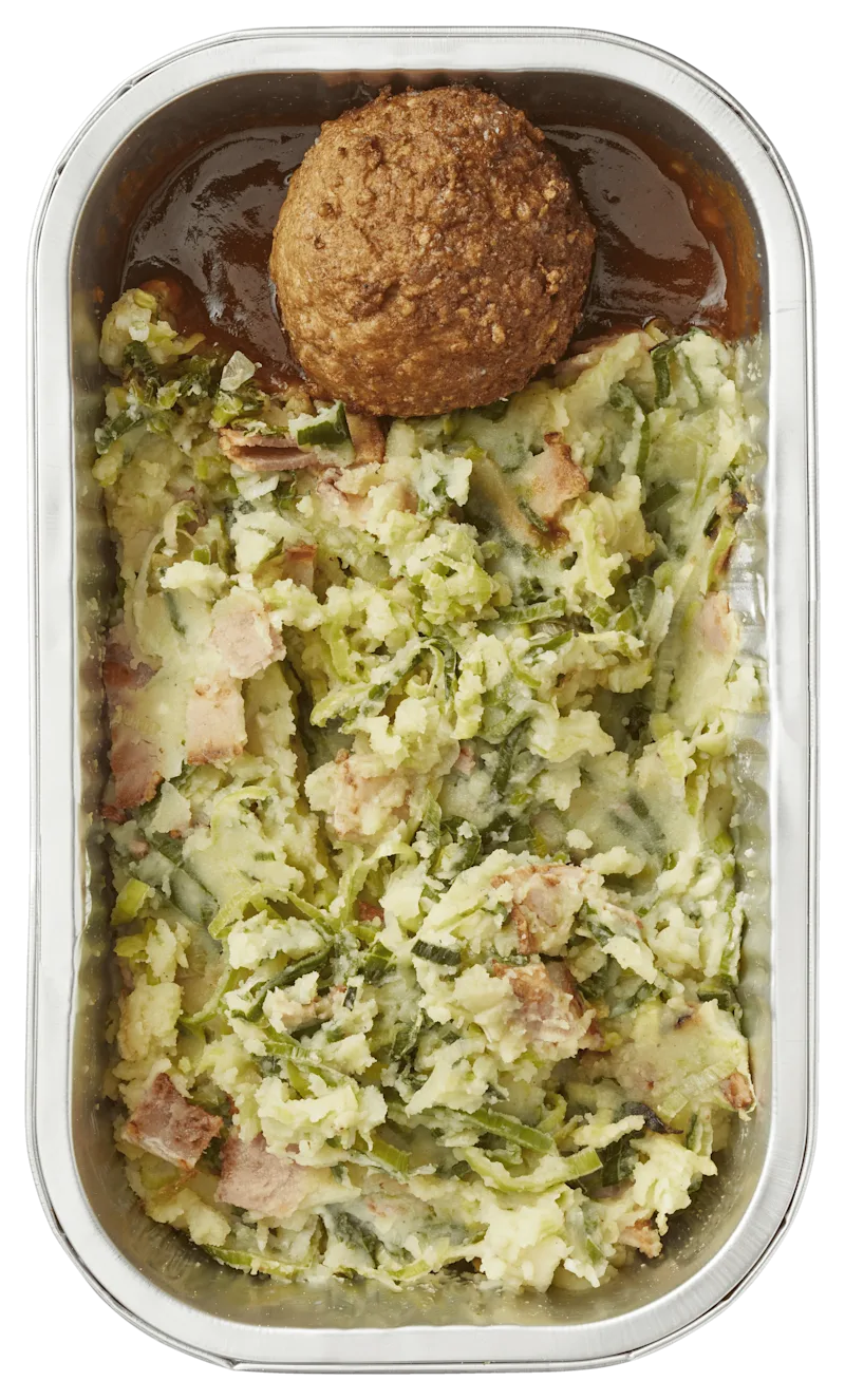 Uit de keuken van PLUS Preistamppot gehaktbal spekjes