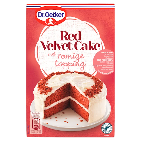 Dr. Oetker Red velvet cake romige topping bakmix