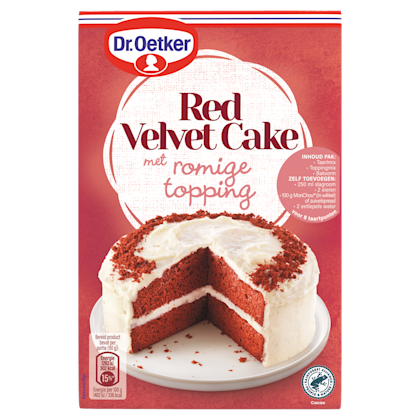Dr. Oetker Red velvet cake romige topping bakmix