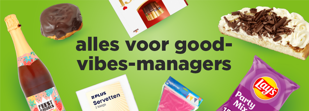 Producten voor een feestje of verjaardag, zoals taart, chocolade en chips.