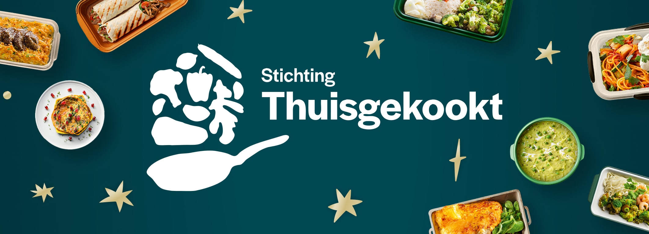 Thuisgekookt logo met bakjes eten om te delen.