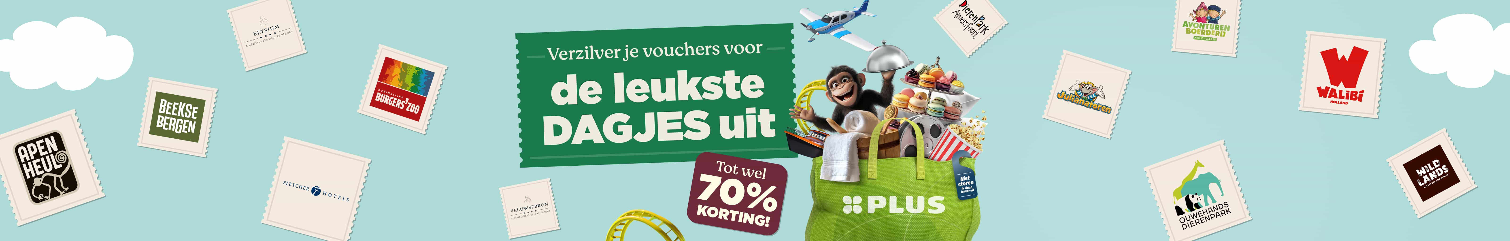 Tas gevuld met Dagje-Uit-items zoals een aapje, vliegtuig en rollercoaster, omringd door stempels van attractieparken en uitjes. Opdruk: “Verzilver je vouchers voor de leukste DAGJES uit” en “Tot wel 70% KORTING!”.