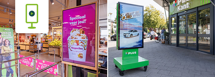 Digitale advertenties bij PLUS supermarkt: binnen een scherm met Häagen-Dazs-ijs, buiten een mobiel display met autoadvertentie.