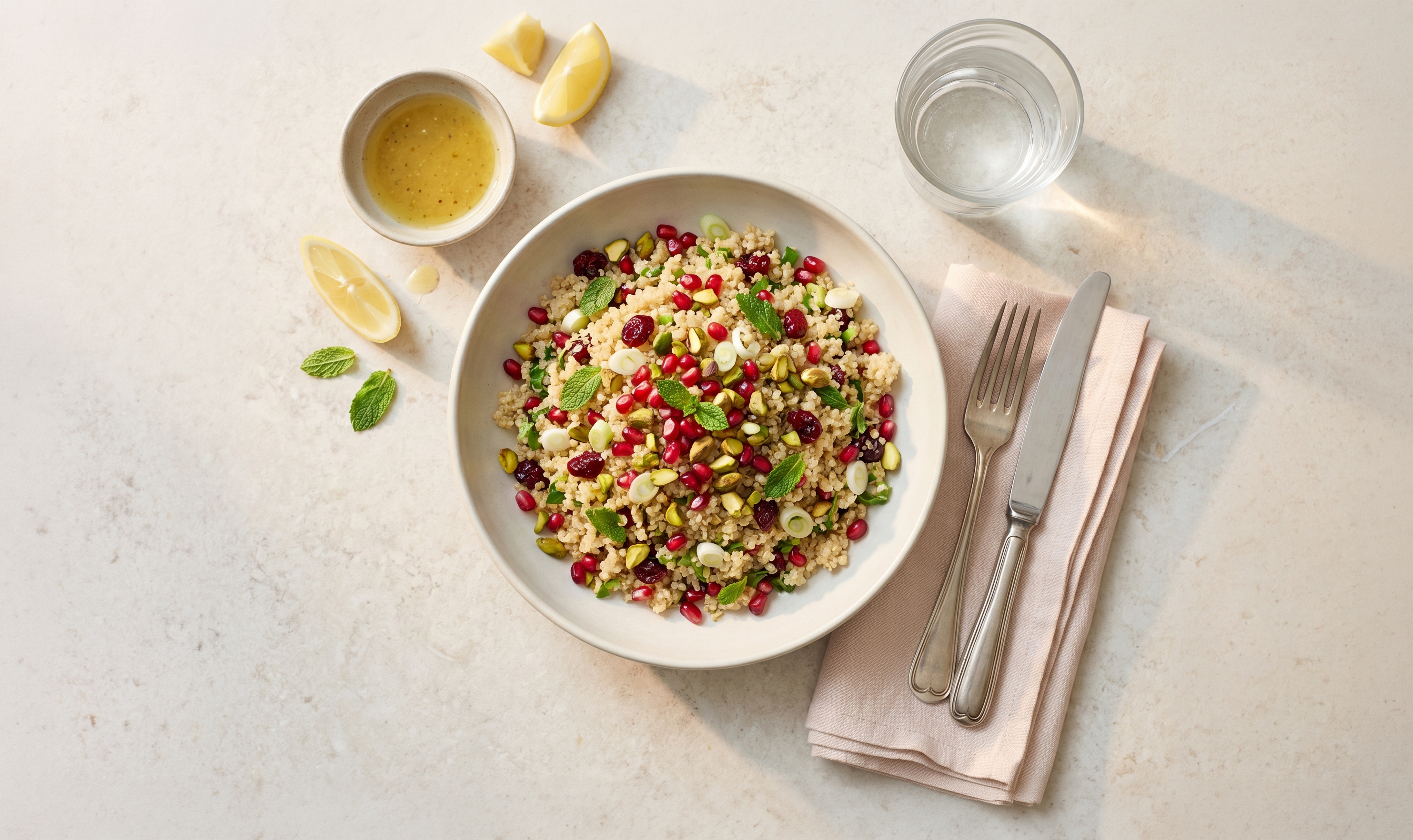 'Jeweled' Quinoa met granaatappel en pistache
