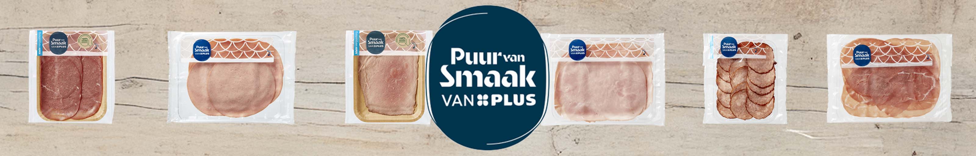 Verschillende vleeswaren met logo van PLUS Puur van Smaak.