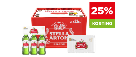 Stella bier met 25% korting. Geldig van 7 t/m 13 september