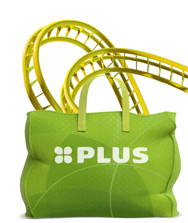 Groene tas met het PLUS-logo, op de achtergrond een gele achtbaan. 