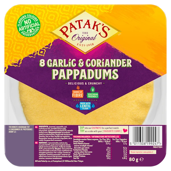 Patak's Pappadums Knoflook & Koriander