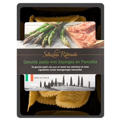 Gevulde pasta met asperges en pancetta - PLUS