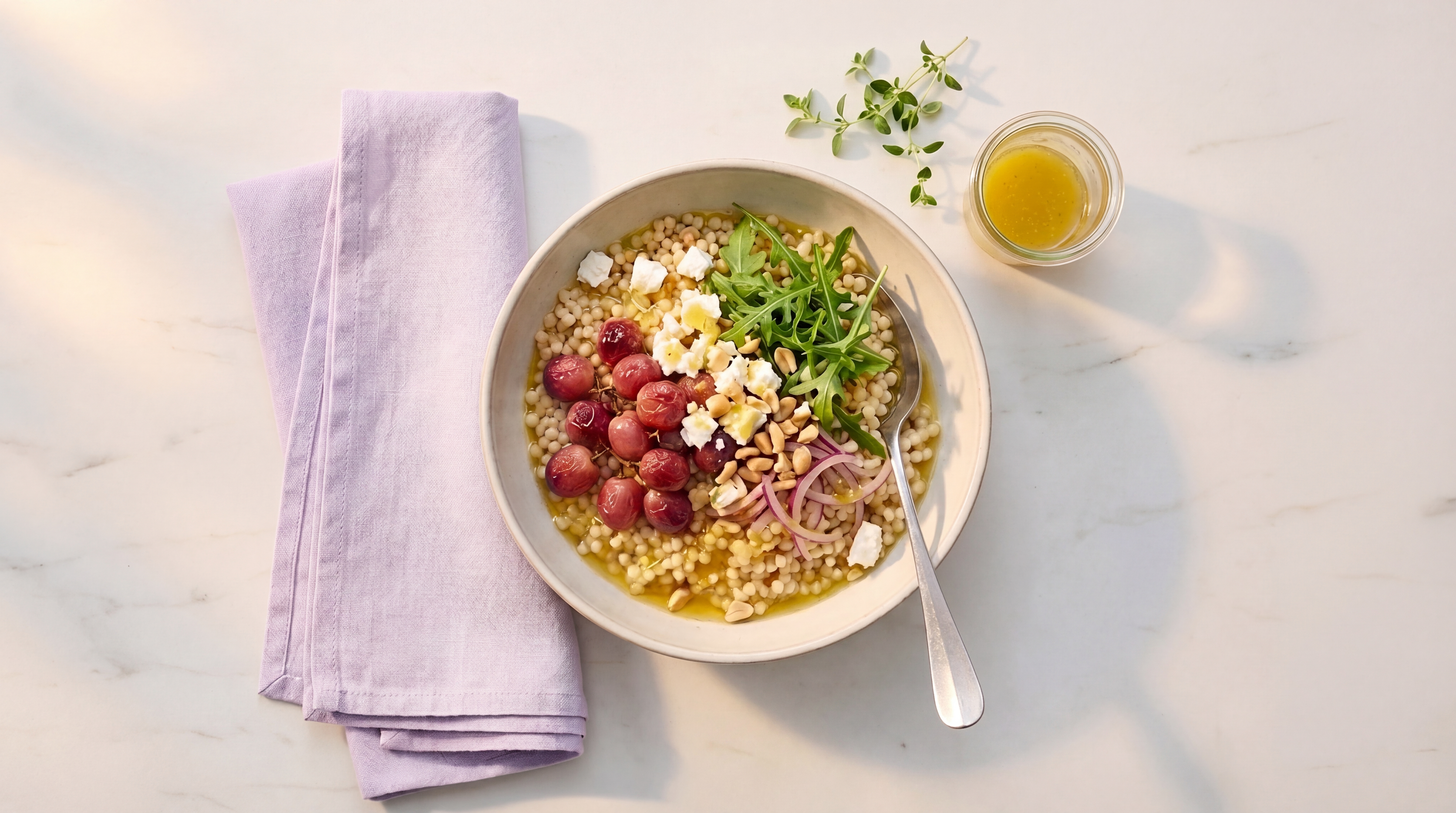 Parelcouscous bowl met geroosterde druiven en witte kaas