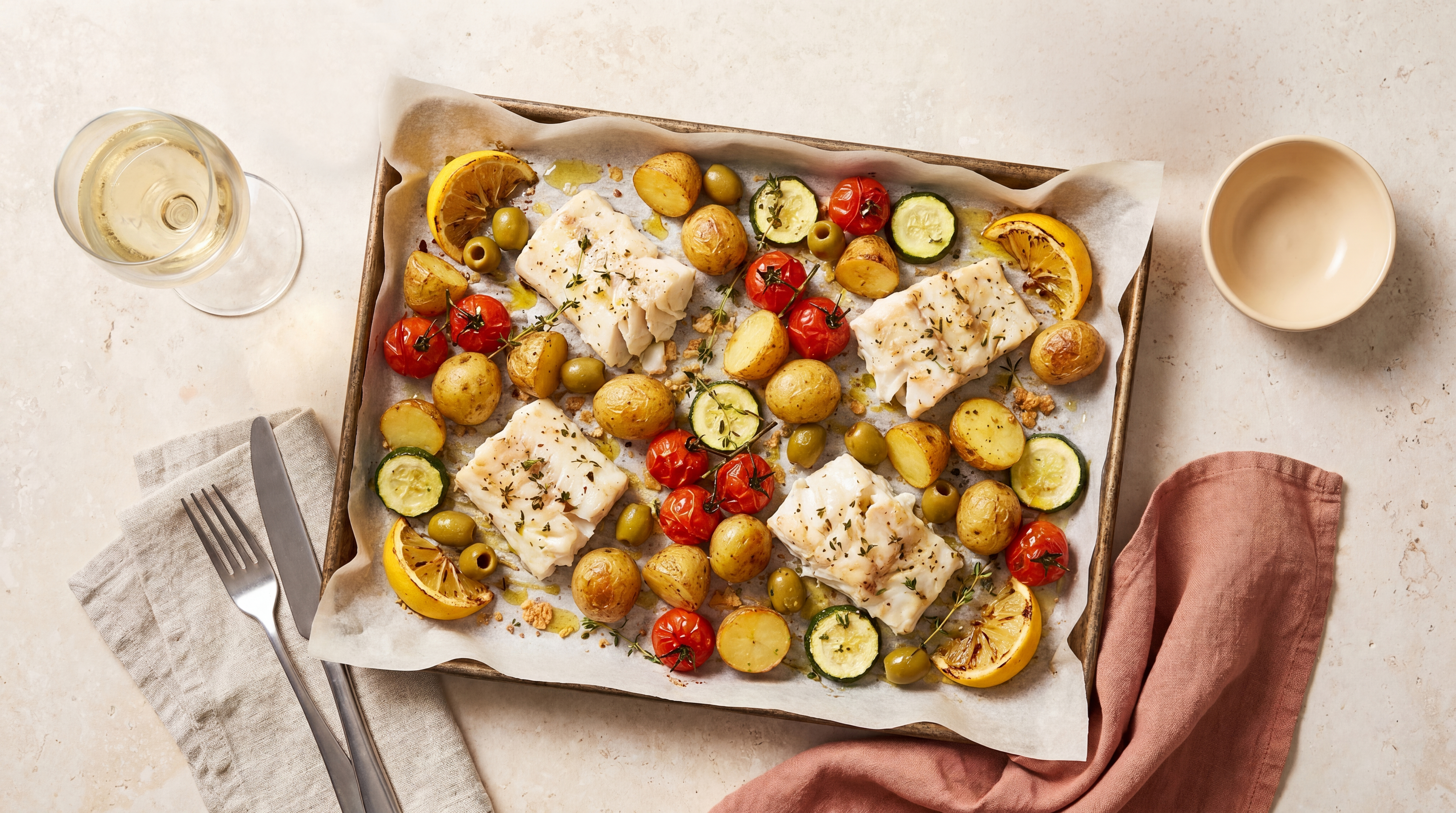 Traybake witvis, krieltjes en citroen
