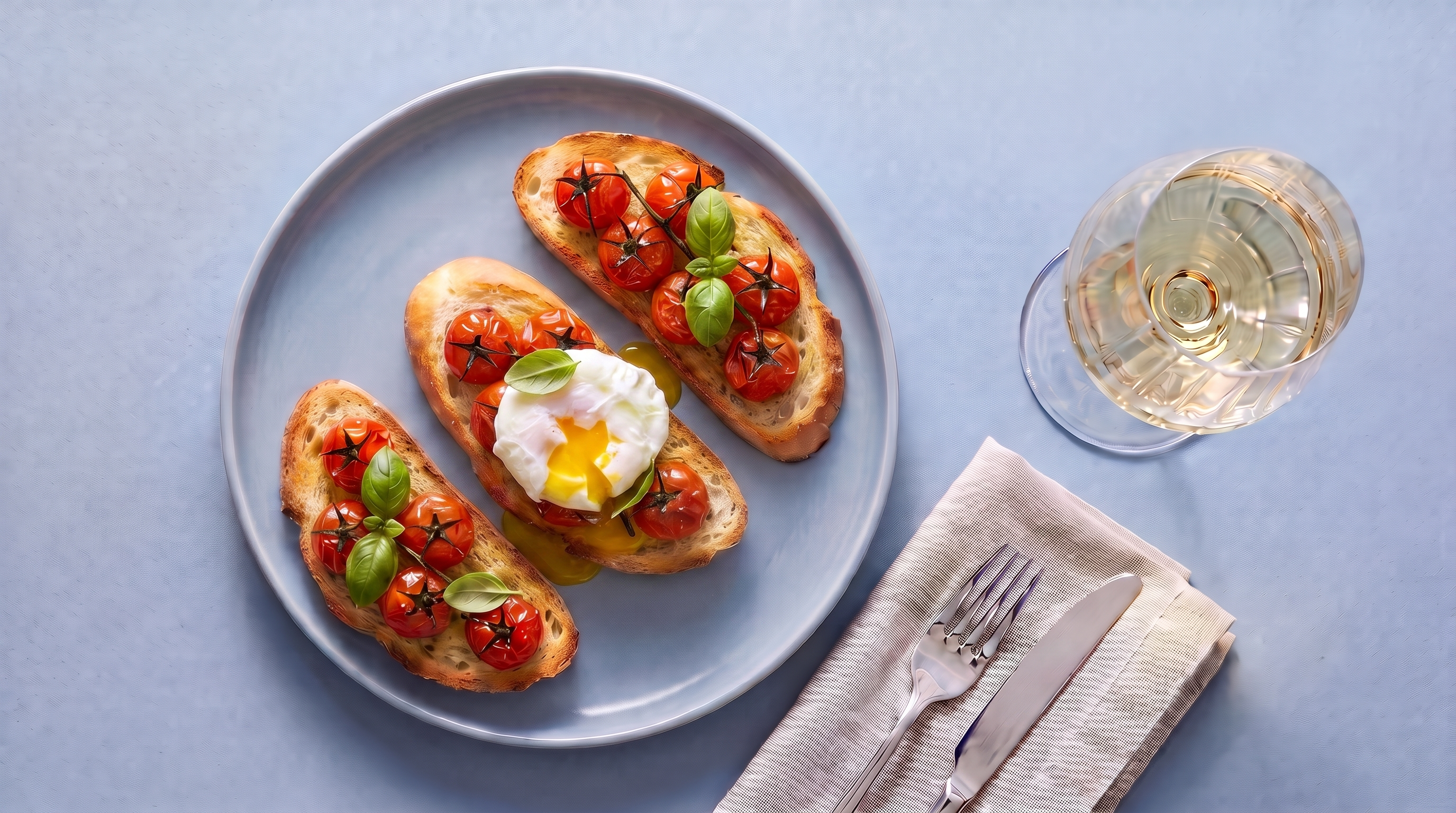 Bruschetta met geroosterde tomaat en gepocheerd ei