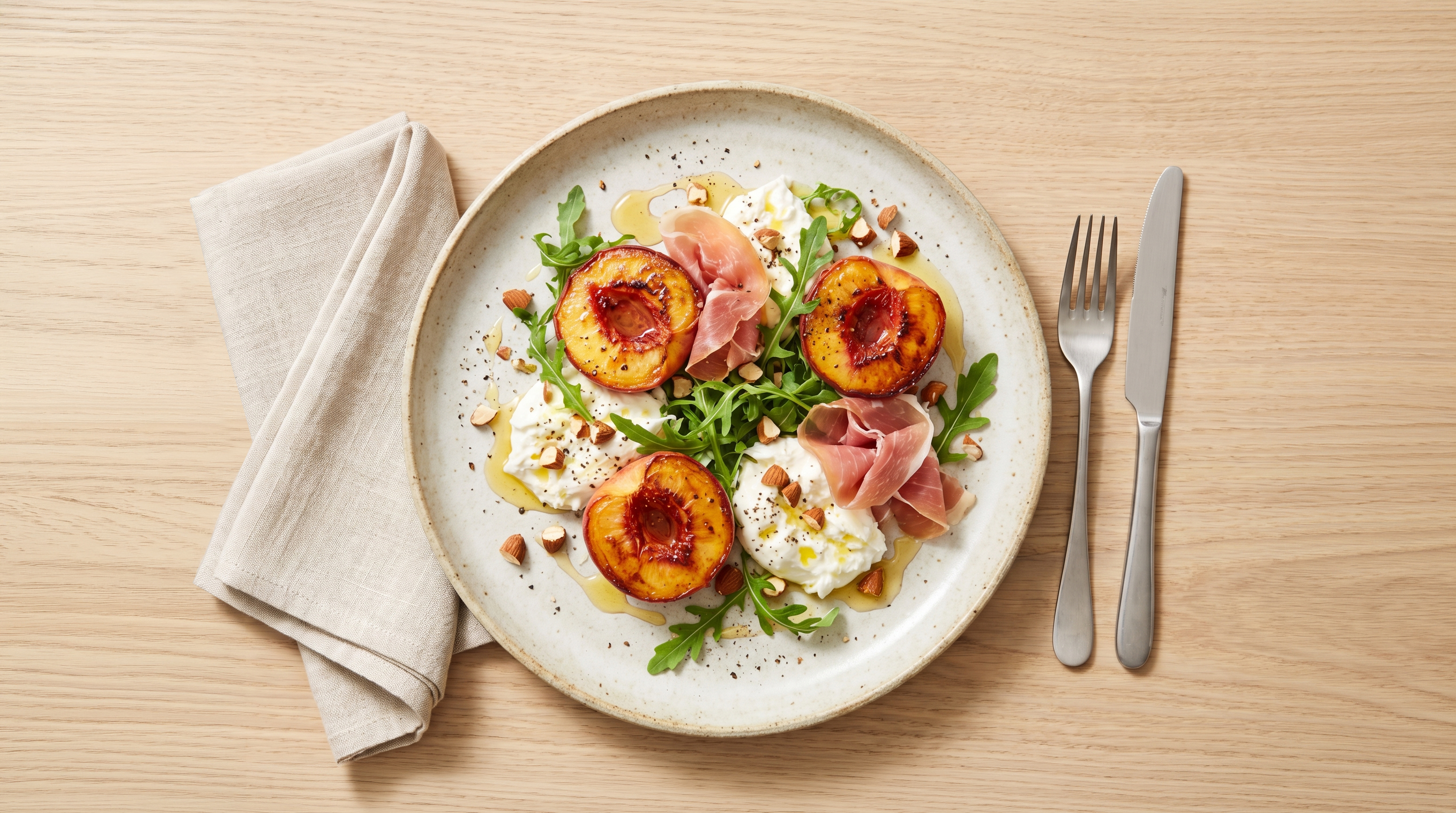 Gekaramelliseerde perzik met burrata en serranoham