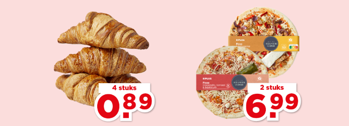 Zondag deals: croissants 4 stuks 0.89 en pizza's 2 stuks 6.99.