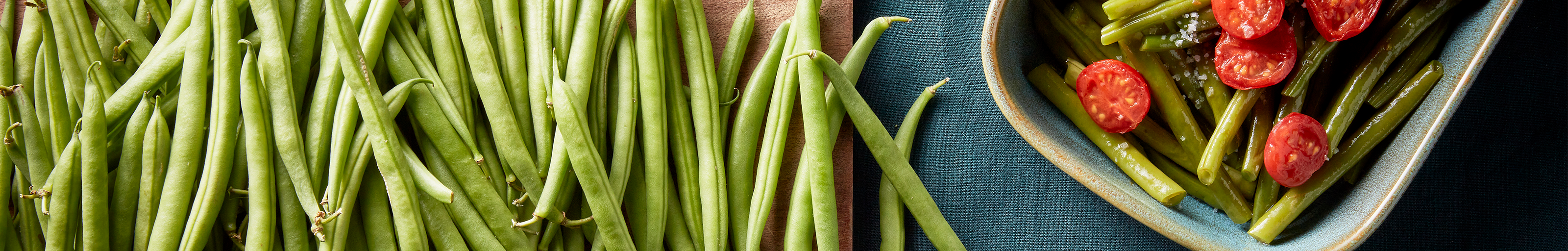 Sperziebonen recept van gekookte sperziebonen, gegarneerd met gehalveerde cherrytomaten en een vleugje zout.