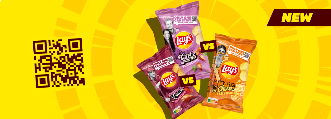 De drie nieuwe smaken van Lays: chorizo onion, garlic en mac & cheese.