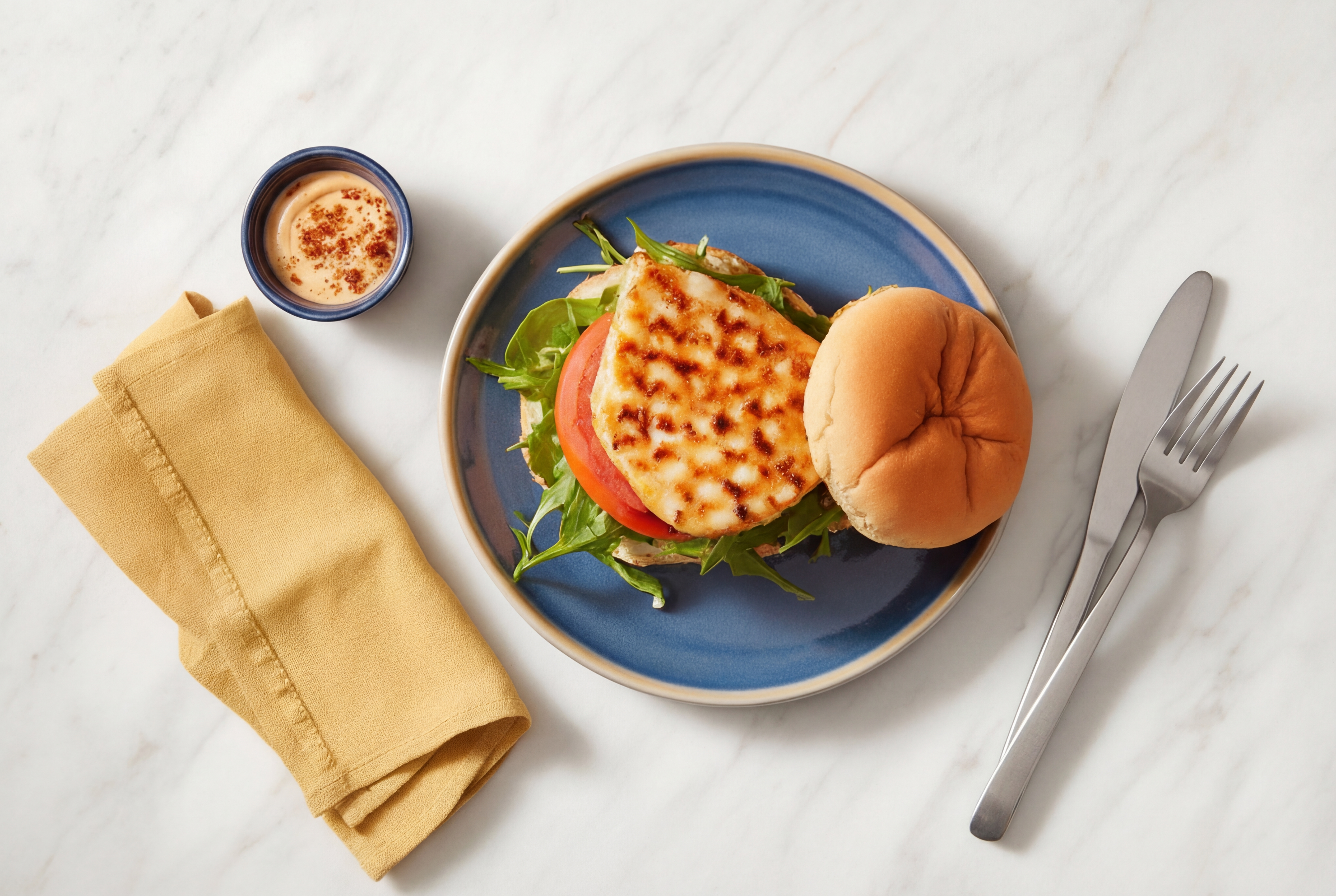 Gegrilde halloumiburger met pittige harissa-mayo