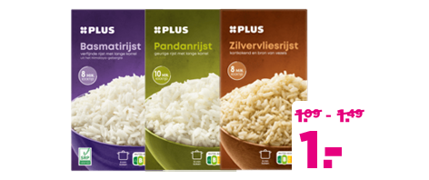 PLUS rijst voor 1 euro. Geldig van 15 t/m 21 april