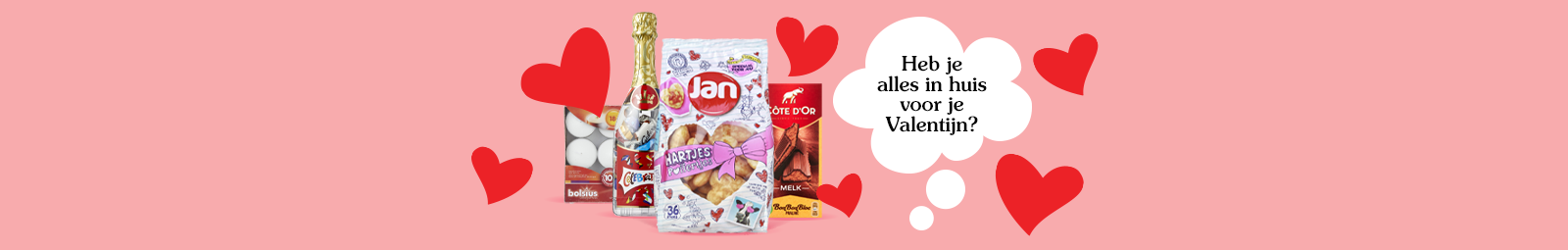 Valentijnsdag producten zoals een fles champagne, Jan Hartjes koekjes, Côte d'Or melkchocolade en Bolsius theelichtjes.