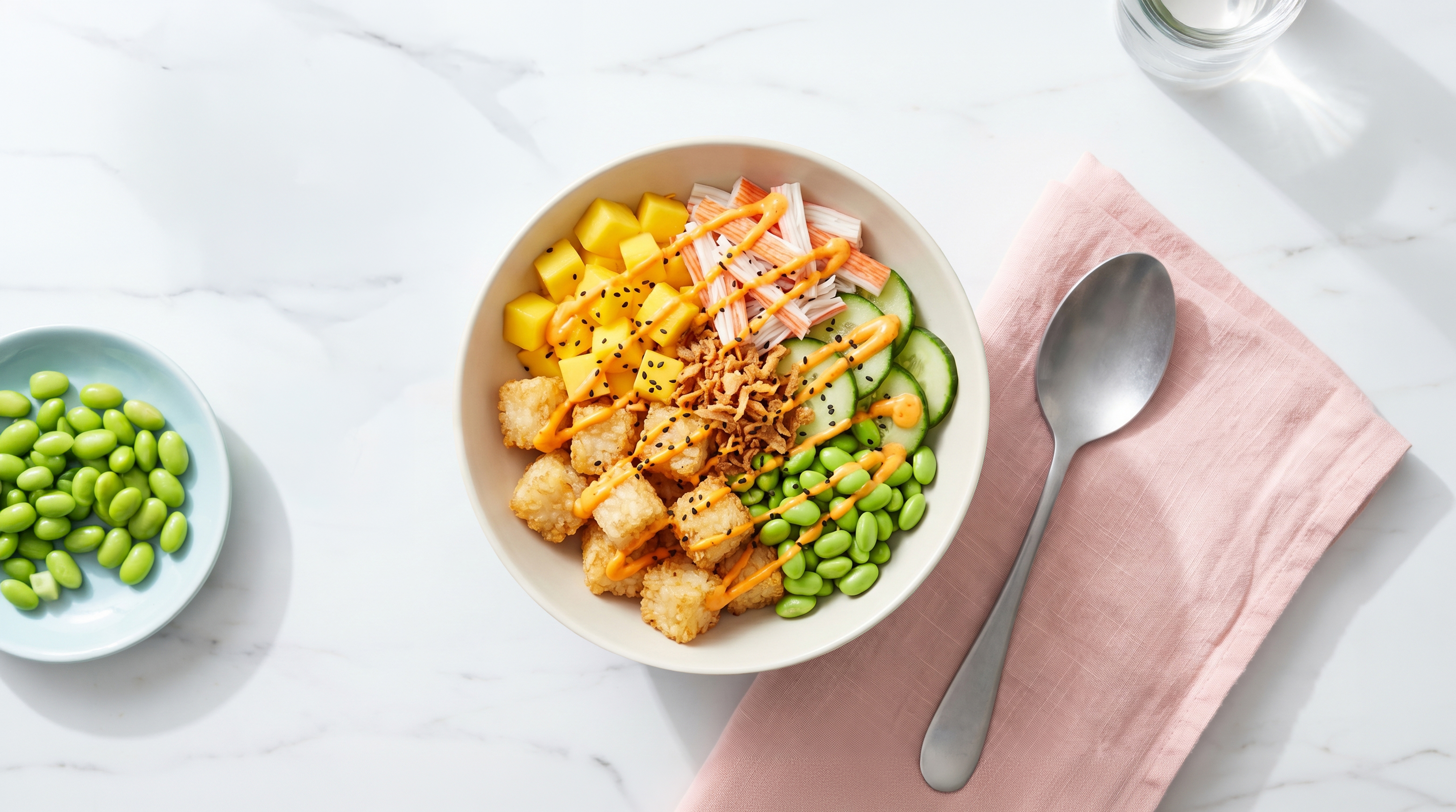 Crispy rice poke bowl met surimi en mango