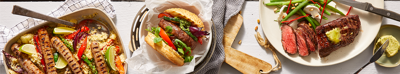 BBQ-recepten met vlees, bavette, hamburgers en chipolata's met gegrilde groentecouscous