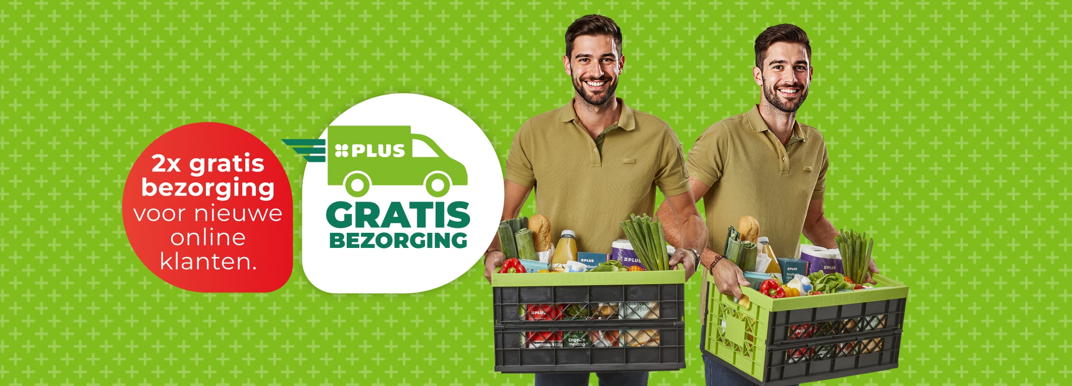 Bezorger met kratje en tekst: "2x gratis bezorging voor nieuwe online klanten".