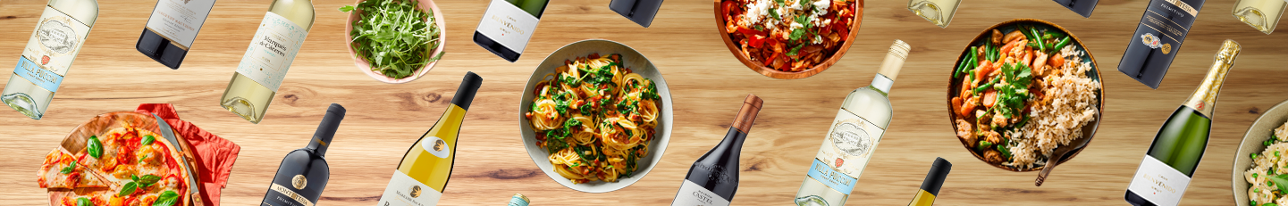 Verschillende gerechten met combinaties van wijnen van PLUS.