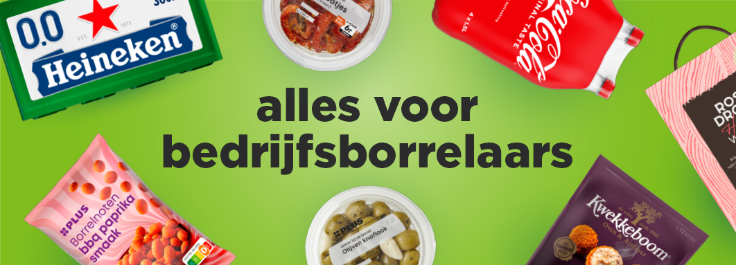 Producten voor een zakelijke borrel, zoals Coca-Cola, Heineken en borrelnootjes.