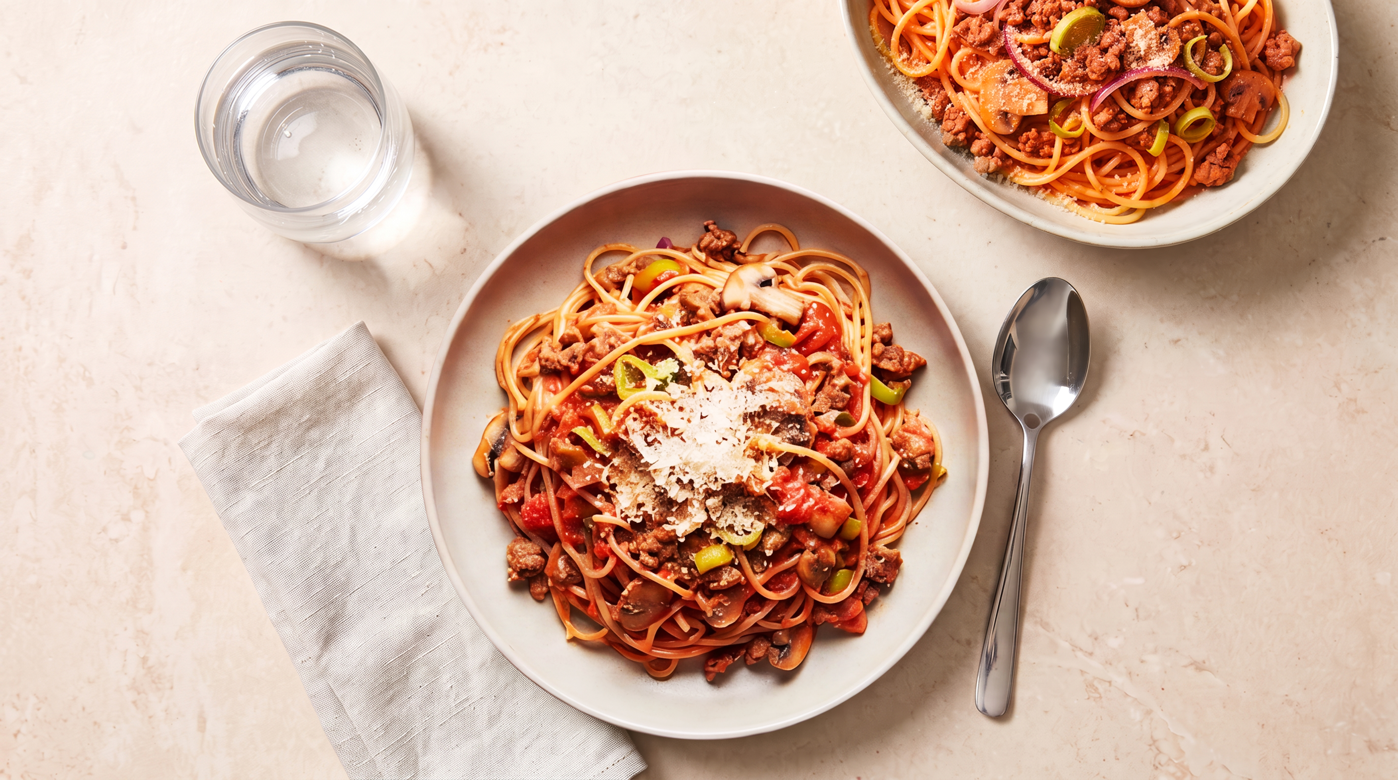 Spaghetti met een romige tomaten-kaassaus, prei en gehakt