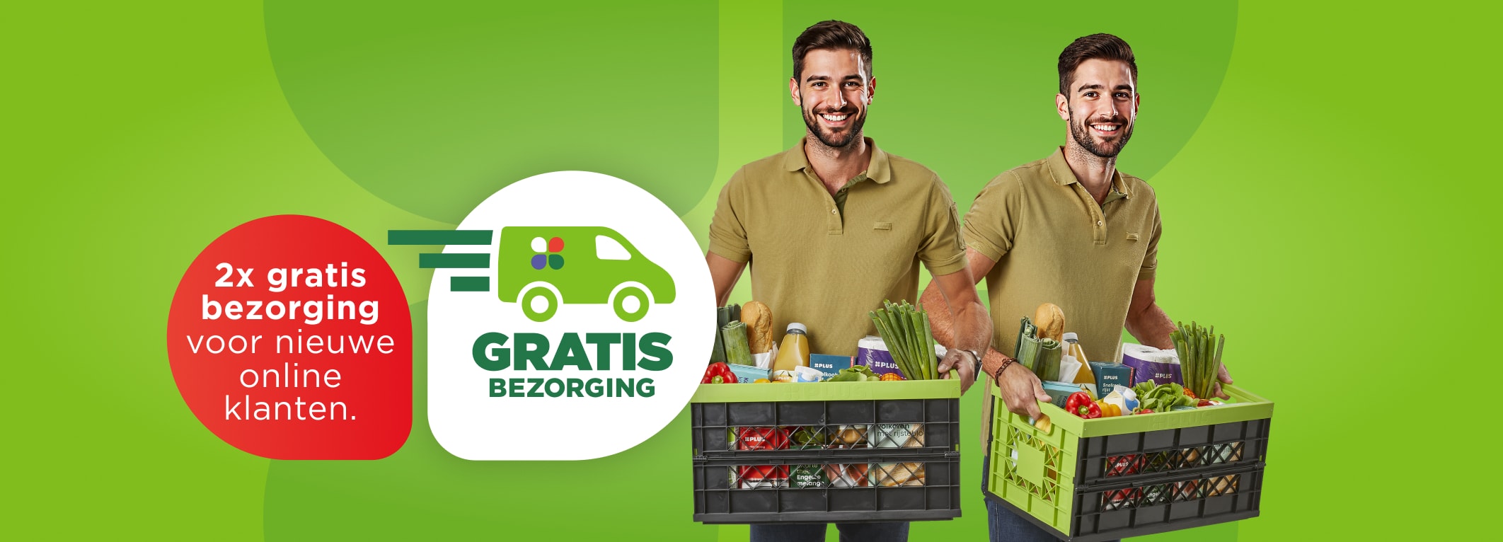 Bezorger met kratje en tekst: "2x gratis bezorging voor nieuwe online klanten".