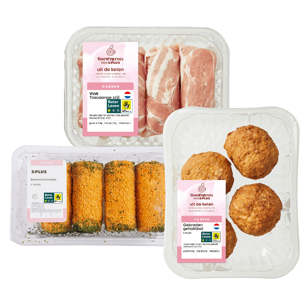 PLUS Boomstammetjes en Boerentrots van PLUS Gebraden gehaktballen en vinken Toscaanse stijl