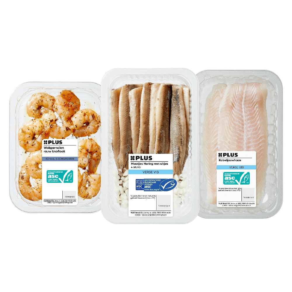 PLUS Pangasiusfilet, maatjesharing en wokgarnalen met knoflook