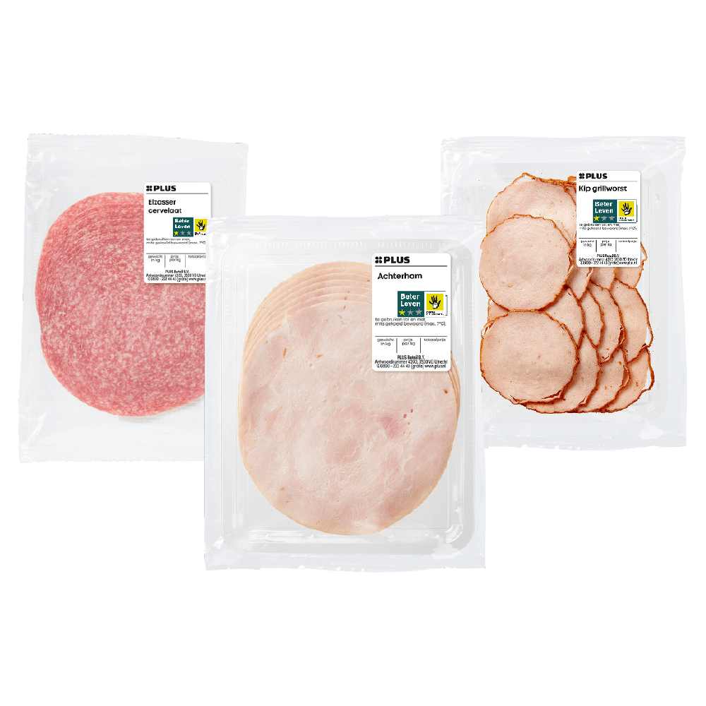 PLUS Elzasser cervelaat, achterham en kip grillworst