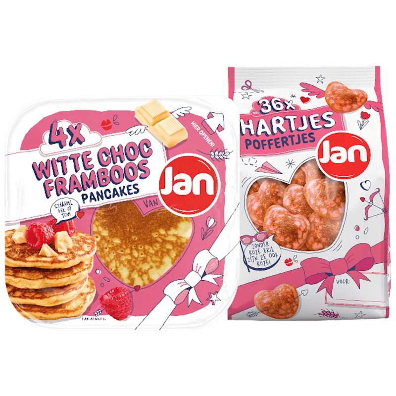 Jan American pancakes witte chocolade framboos en hartjespoffertjes