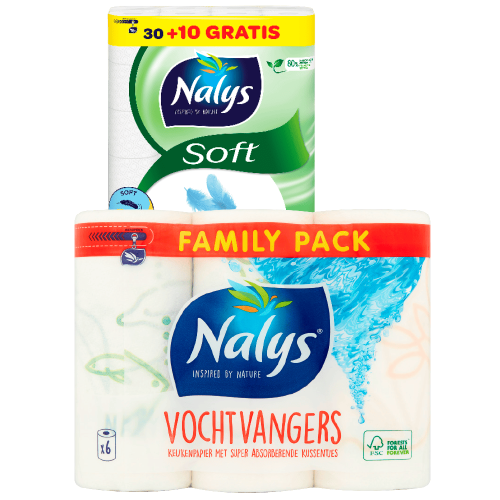 Nalys Vochtvangers keukenpapier en soft hybride toiletpapier