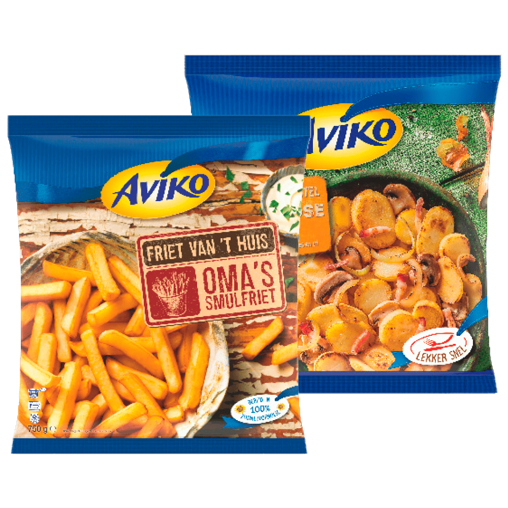Aviko Grip 'n dip, friet van 't huis, aardappelschotels, aardappelschijfjes en churros