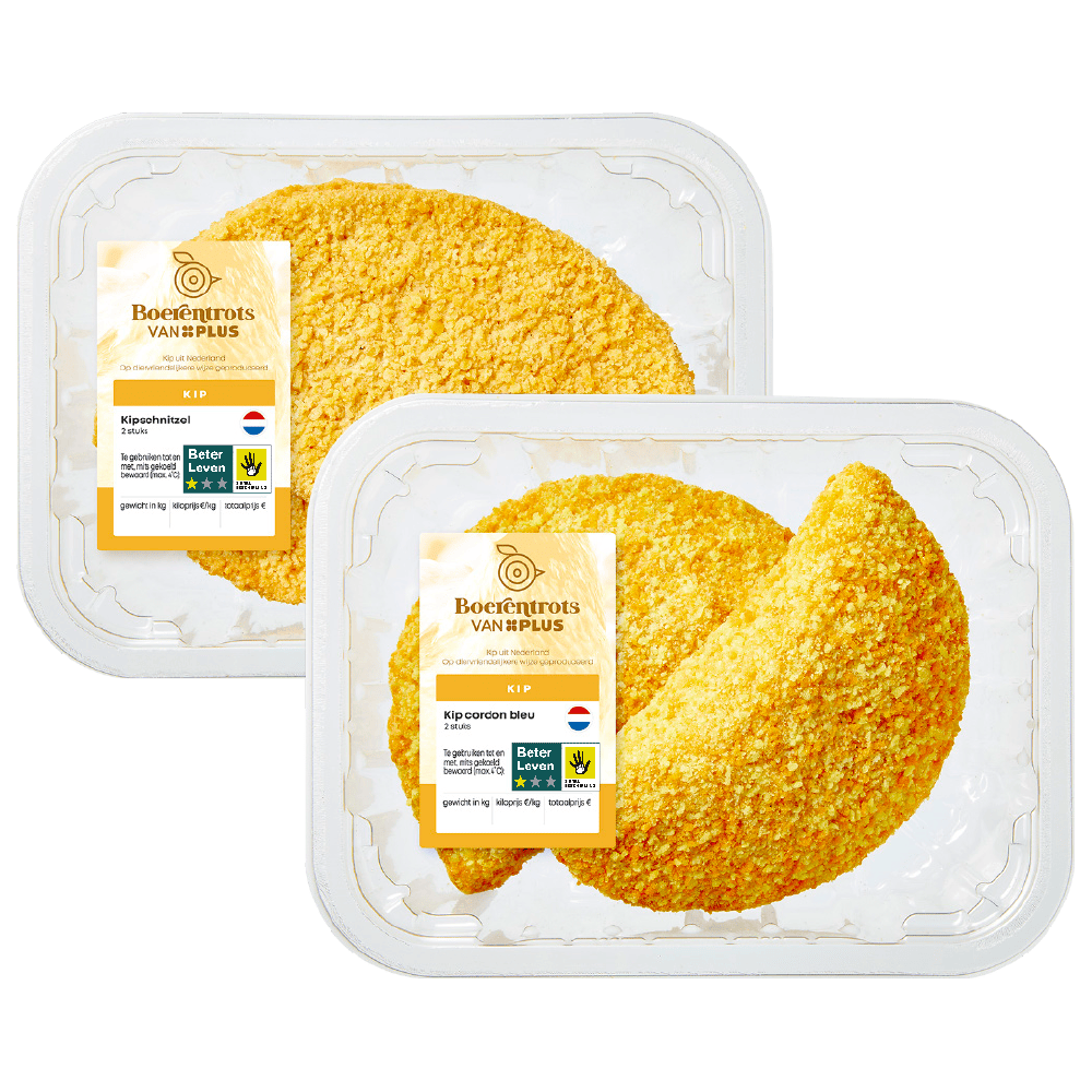 Boerentrots van PLUS Kipschnitzels, kip cordon bleu's en kip snack balletjes