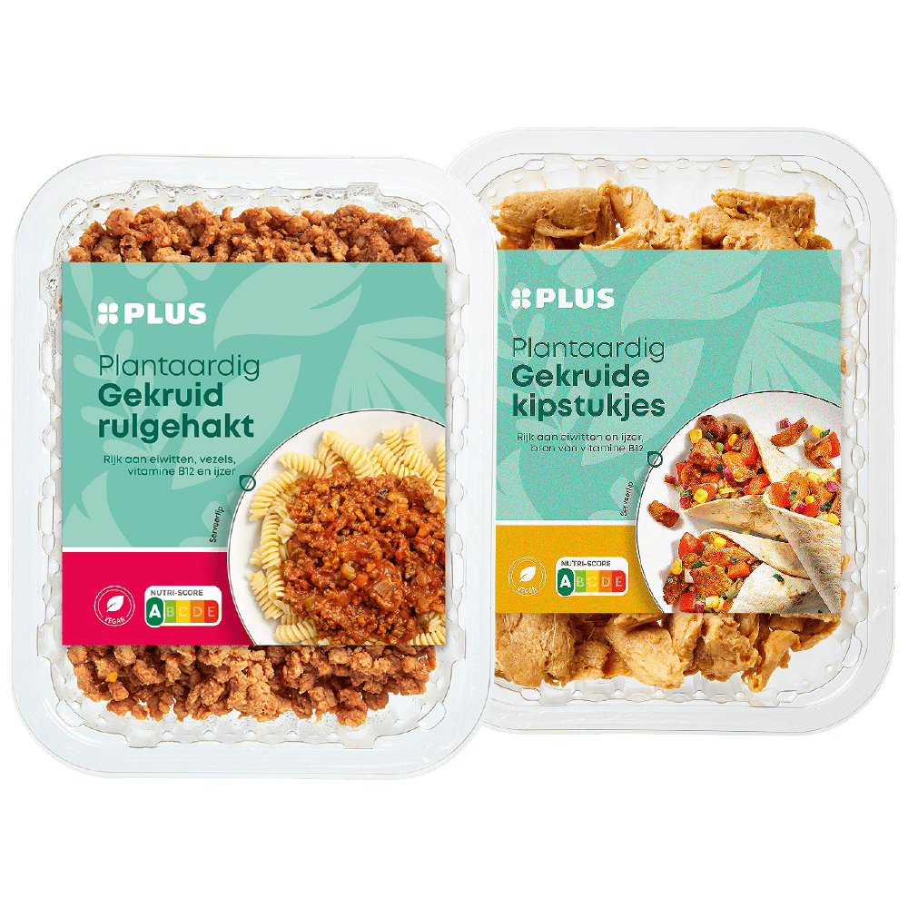 PLUS Plantaardig rulgehakt, kipstukjes en gemarineerde kipfilet