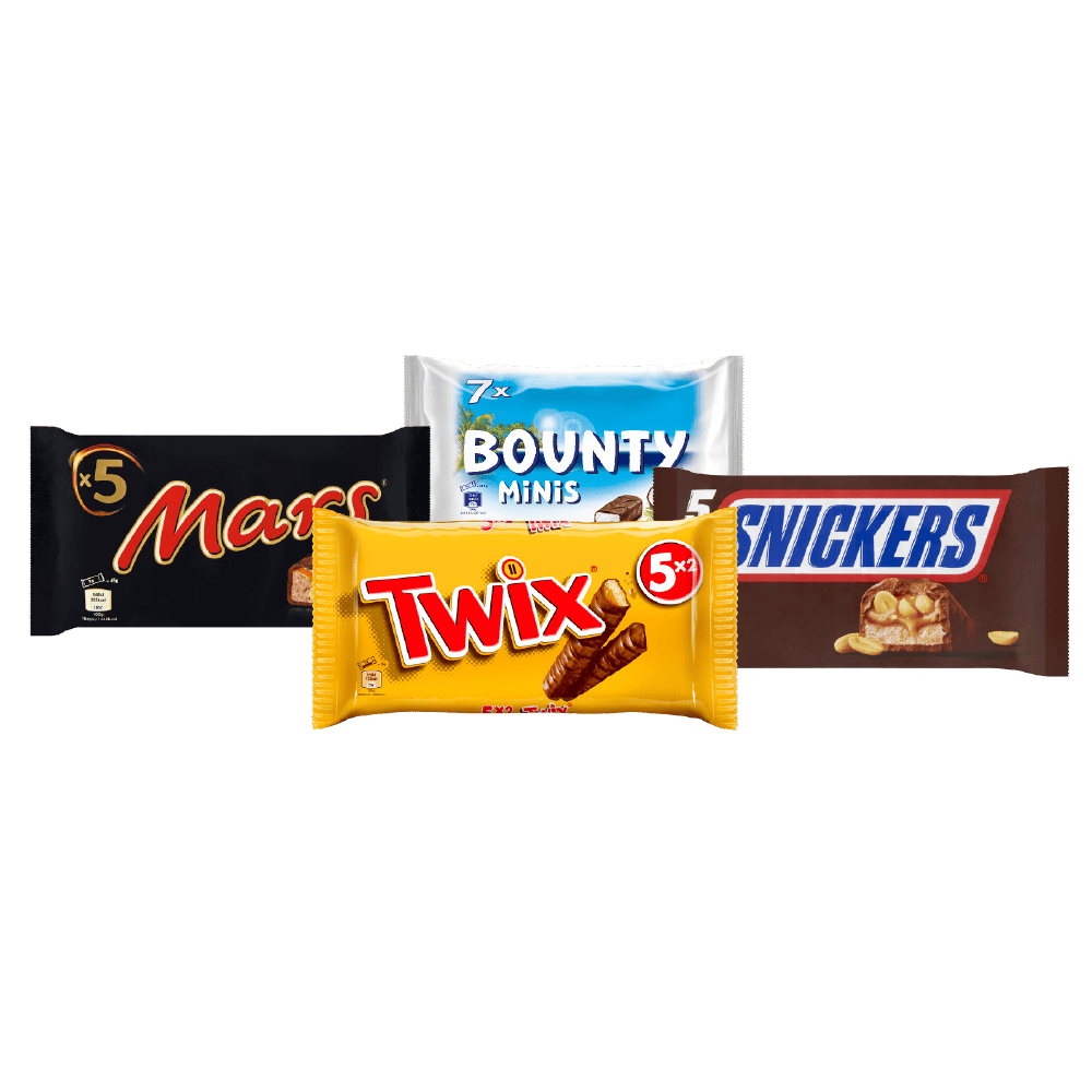 Bounty, Mars, Milky Way, Snickers enTwix Mini's en multipakken
