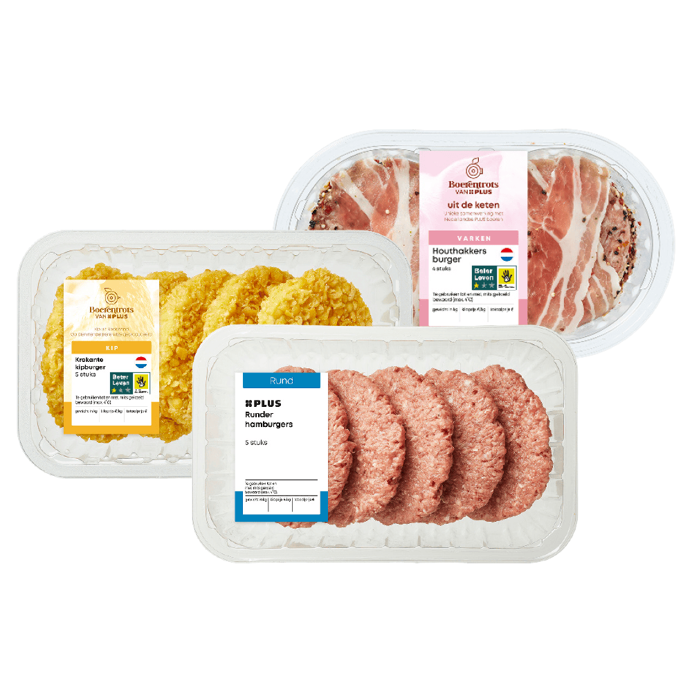 Boerentrots van PLUS Houthakkers- en kipburgers en PLUS Runder hamburgers