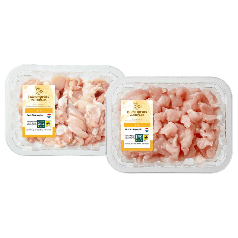 Boerentrots van PLUS Kipfiletblokjes en kipdijfiletreepjes en -blokjes