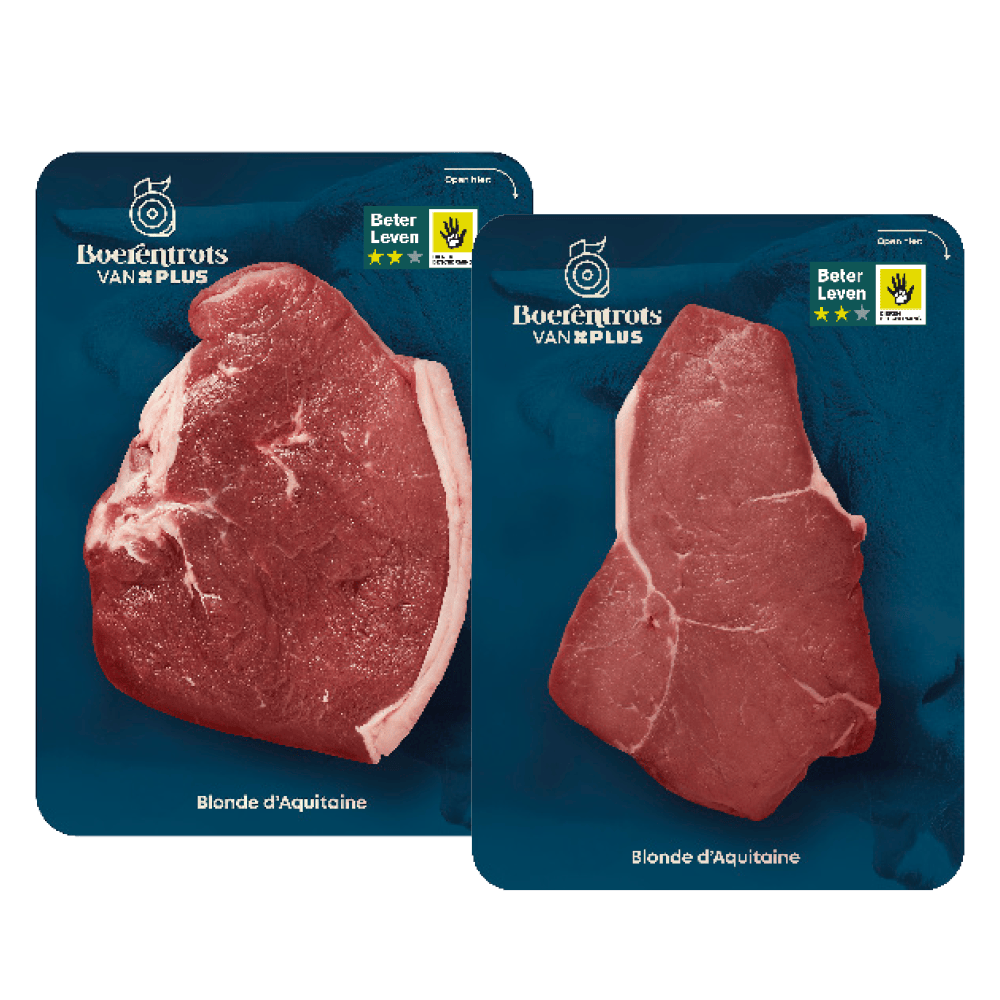 Boerentrots van PLUS Blonde d'Aquitaine Entrecote en ribeye