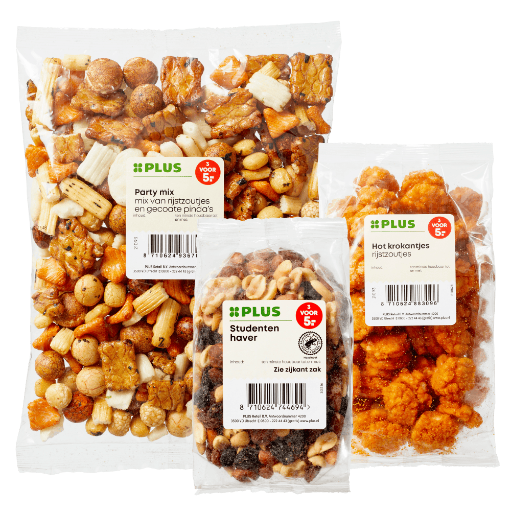PLUS Kies & Mix Pinda's, noten en rijstzoutjes