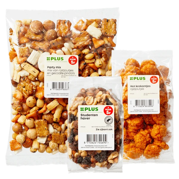 PLUS Kies & Mix Pinda's, noten en rijstzoutjes